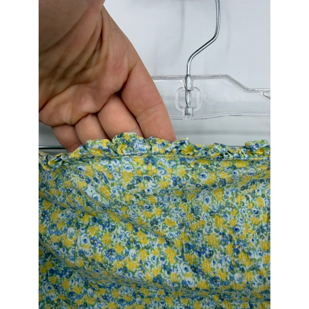 vintage Express Strapless Floral Mini Dress sz 1/2 Yellow Blue Smocked Bodycon - Picture 2 of 10